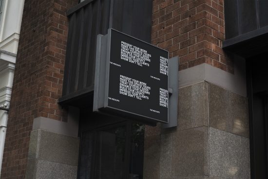 Outdoor signage mockup on a modern building brick wall for showcasing branding designs and advertising to impress clients.