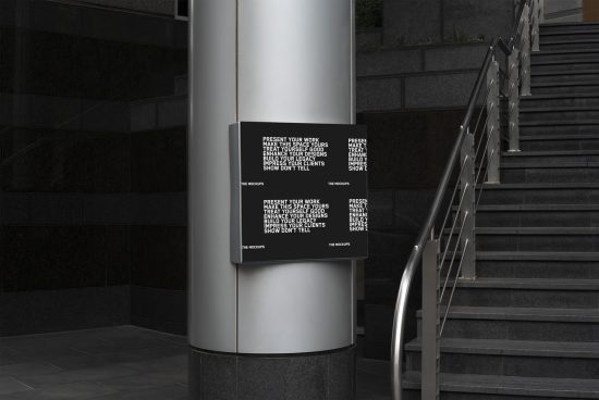 Outdoor poster mockup on a cylindrical column at a corporate building entrance, with staircase. Ideal for presenting branding and advertising designs.