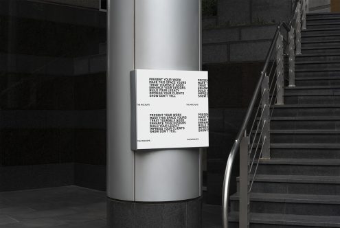 Urban poster mockup on a cylindrical pillar with stairs in the background, ideal for displaying design work and branding in a realistic setting.