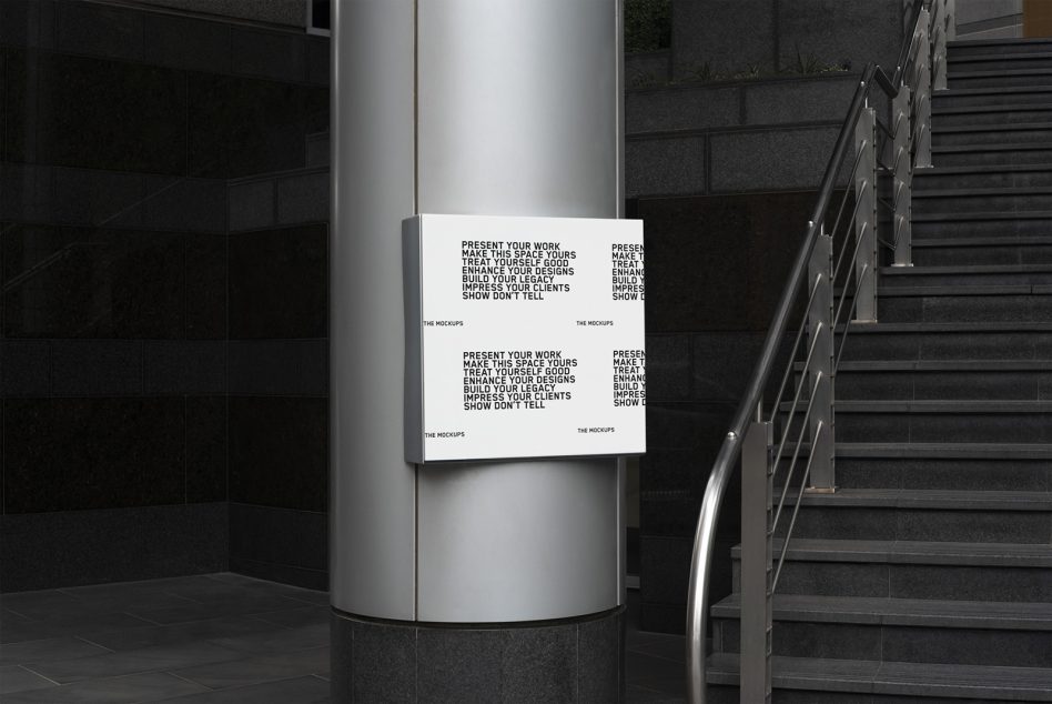 Urban poster mockup on a cylindrical pillar with stairs in the background, ideal for displaying design work and branding in a realistic setting.