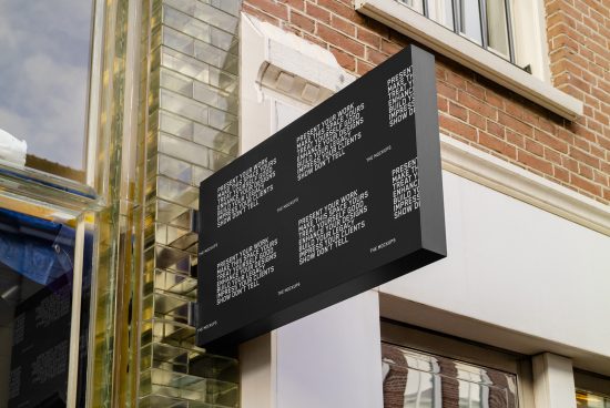 Outdoor signboard mockup on building facade with modern design and QR codes for advertising, marketing, branding designers.