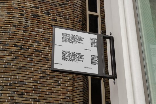 Outdoor poster mockup on a brick wall by a window, ideal for showcasing design work and advertising concepts to impress clients.