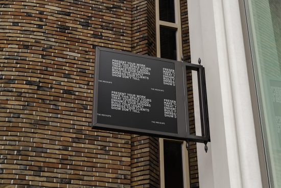 Outdoor advertising mockup hanging on brick wall exterior, tailored for design presentations and portfolio displays.