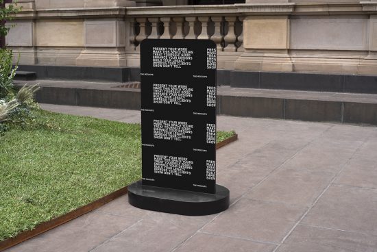Outdoor advertising mockup of multiple vertical banners standing in a plaza, showcasing design templates, good for displaying graphics and fonts.