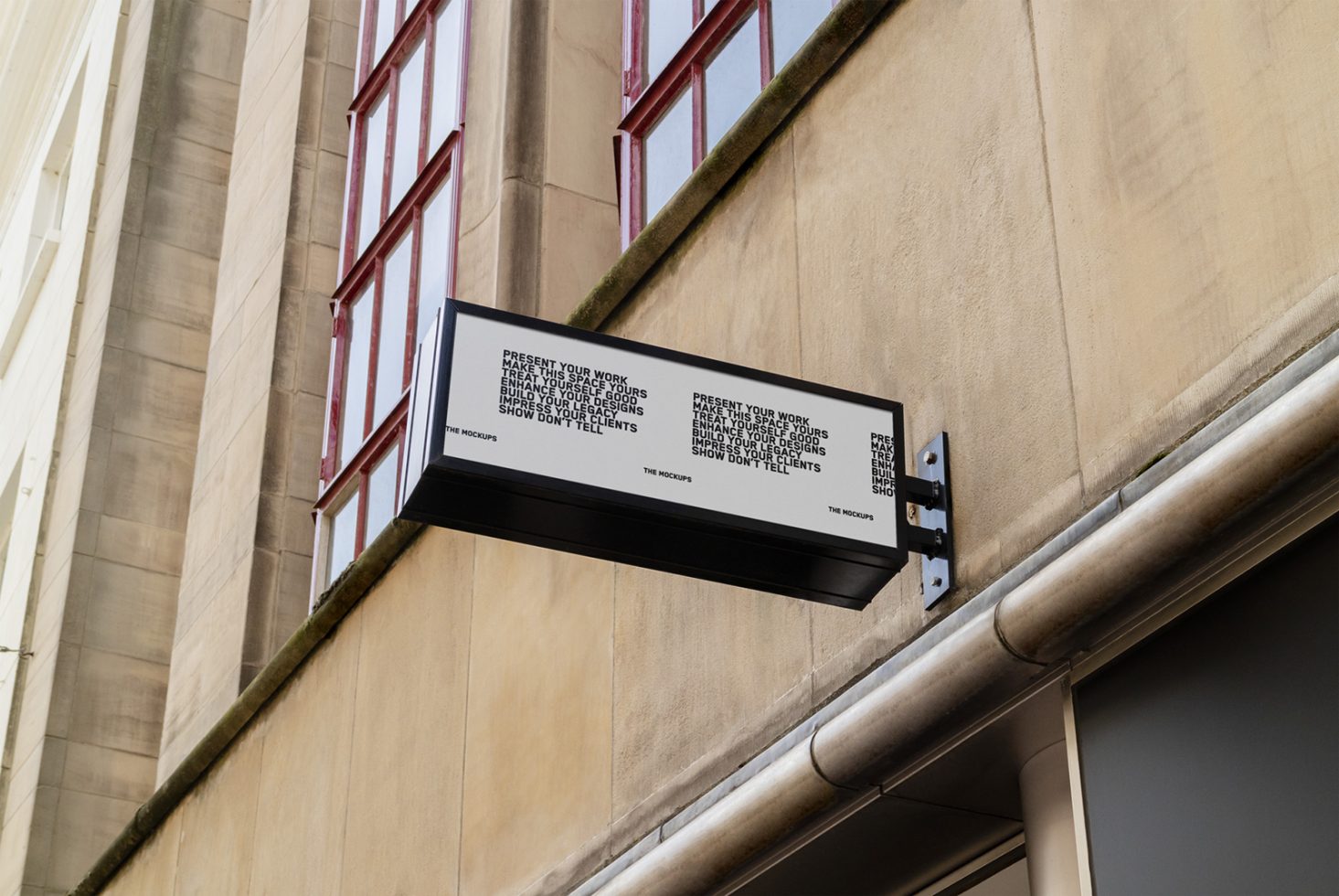 Storefront signboard mockup on building exterior for branding display, realistic graphic design template.