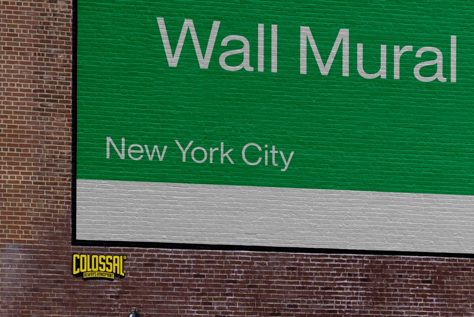 Bright green brick wall mural mockup with gray trim saying Wall Mural New York City