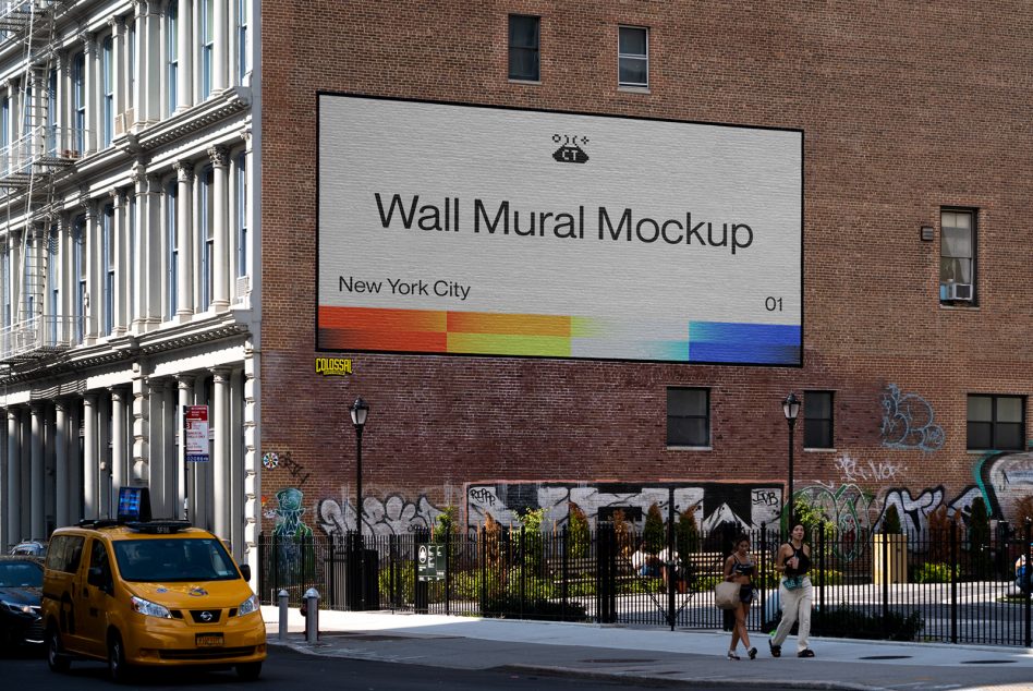 Large scale wall mural mockup on brick building with rainbow color bar accent detail