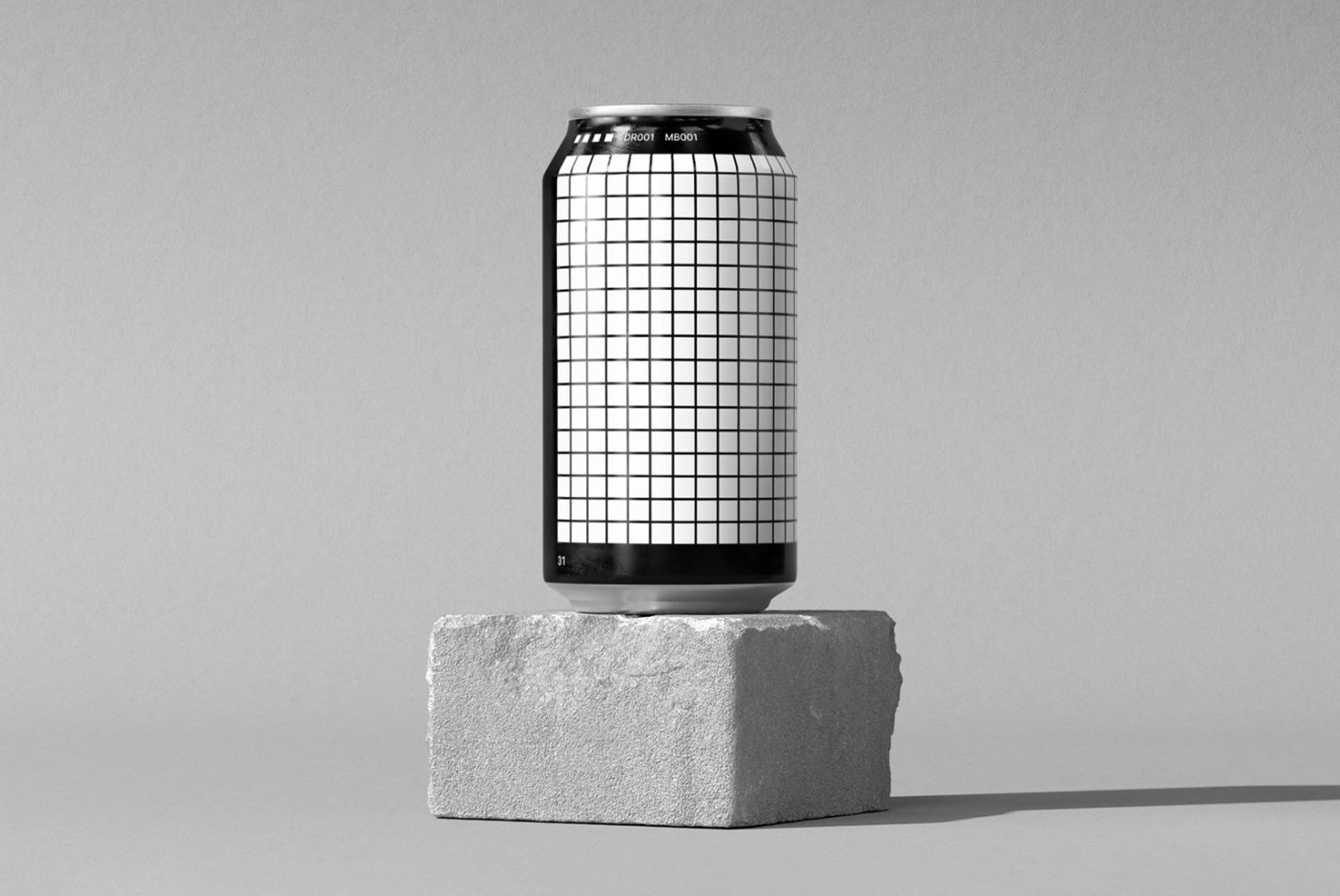 Minimalist beverage can mockup on stone plinth with grid design, perfect for product presentation and graphic design assets.