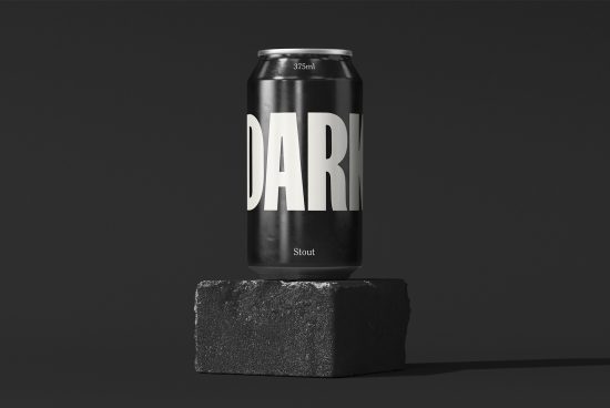 Black stout beer can mockup with bold white typography on gray background, showcasing product packaging design for graphic designers.