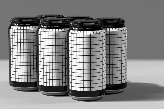 Black and white grid pattern on can mockups in a simple gray setting, ideal for packaging design presentations for beverage products.