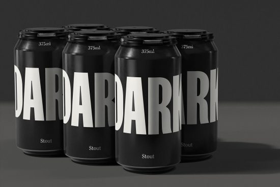 Row of black stout beer cans with bold white typography mockup on grey background for product design presentation and branding.