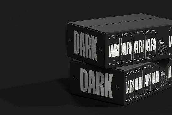 Stylish black packaging boxes with bold typography design for 'DARK' stout beer, perfect mockup for product presentation.