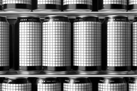 Array of sleek 3D rendered soda cans with grid pattern design for mockup templates, ideal for packaging and branding presentations.