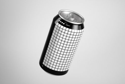 3D render of a soda can with a grid pattern for mockup design, isolated on a light background, ideal for graphic presentations and branding.