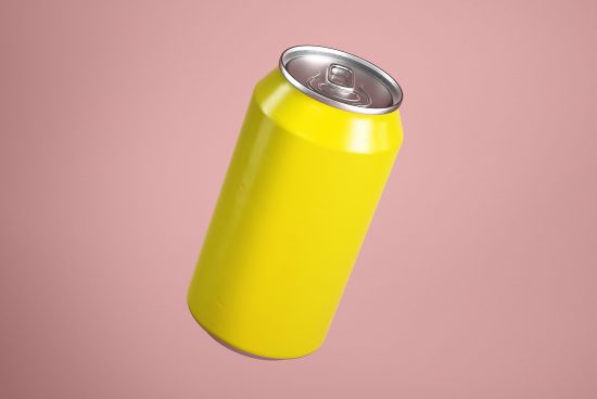 Yellow aluminum can mockup on a pink background, ideal for beverage packaging design presentations.