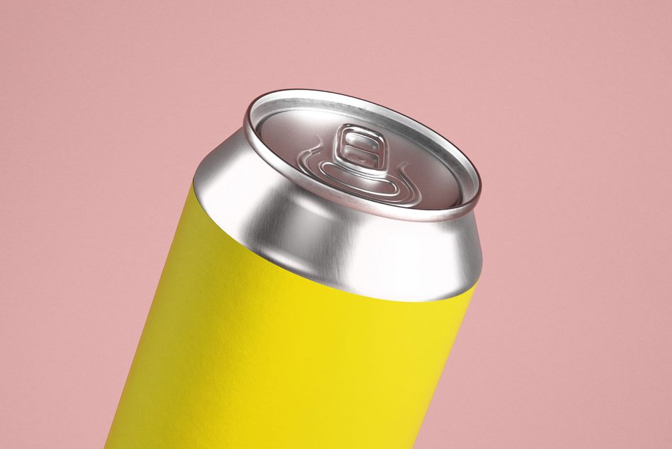 Realistic soda can mockup with yellow label on pink background, ideal for beverage packaging design and branding projects for designers.