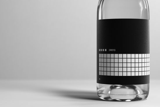 Minimalist water bottle label design mockup in monochrome with geometric patterns, ideal for branding presentations and packaging graphics.