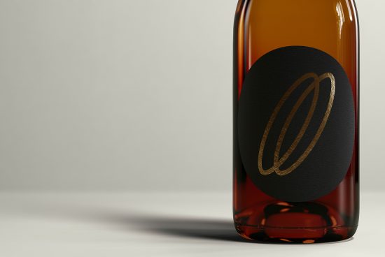 Elegant wine bottle mockup with black and gold label design, showcasing branding, minimalistic style, ideal for presentations and portfolio.