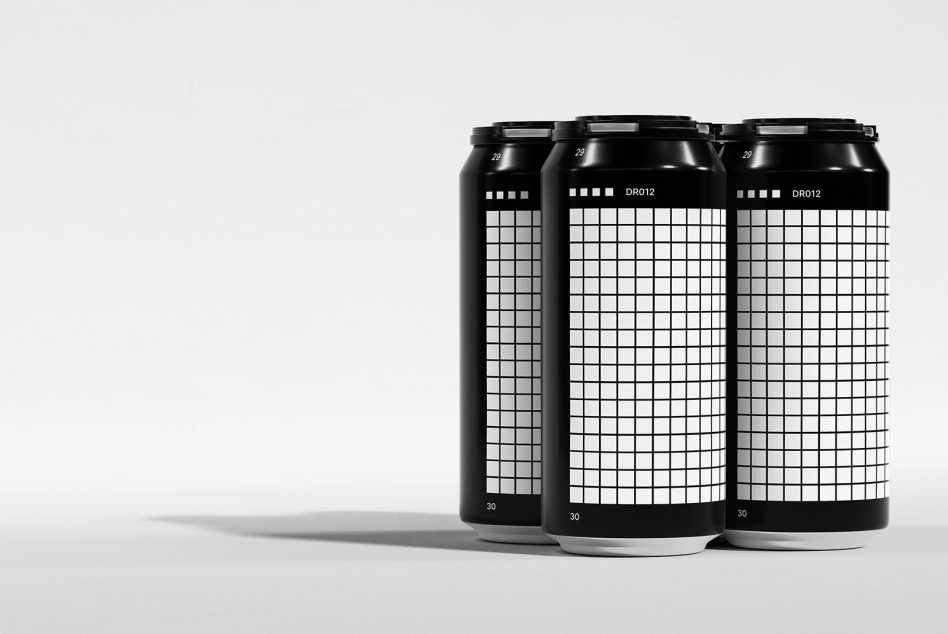 Three blank black and white grid pattern drink cans for mockup designs, isolated on a light background, ideal for branding and packaging.