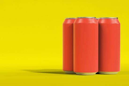 Three blank red soda cans mockup on vibrant yellow background for branding and packaging design.