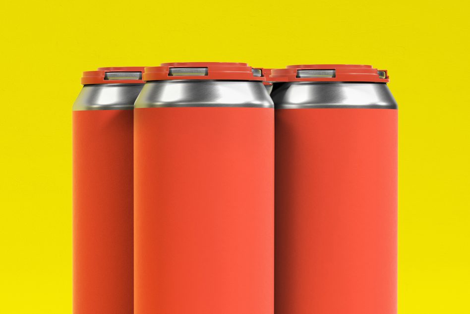 Three red aluminum cans mockup with blank space for branding against a yellow background, ideal for designers and product presentations.