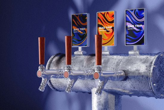 Beer tap handles with custom vibrant phone screen mockups displaying different designs, titled BAD TRIP, against a blue textured background.