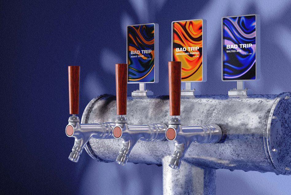 Three beer tap screens with liquid swirl designs on navy backdrop