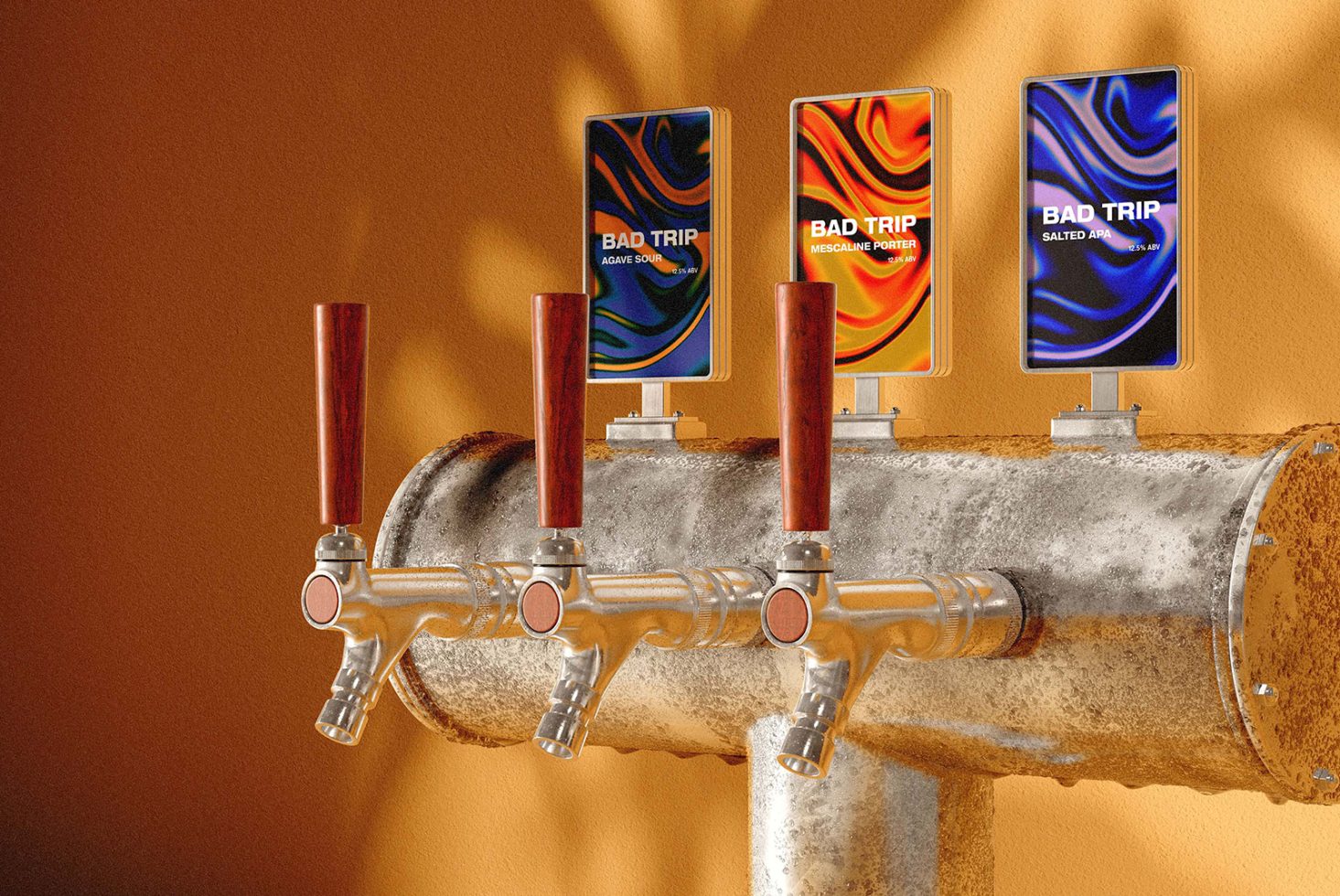 Beer tap mockup display with vibrant phone screen designs on textured orange background, ideal for presenting branding for bars or app designs.