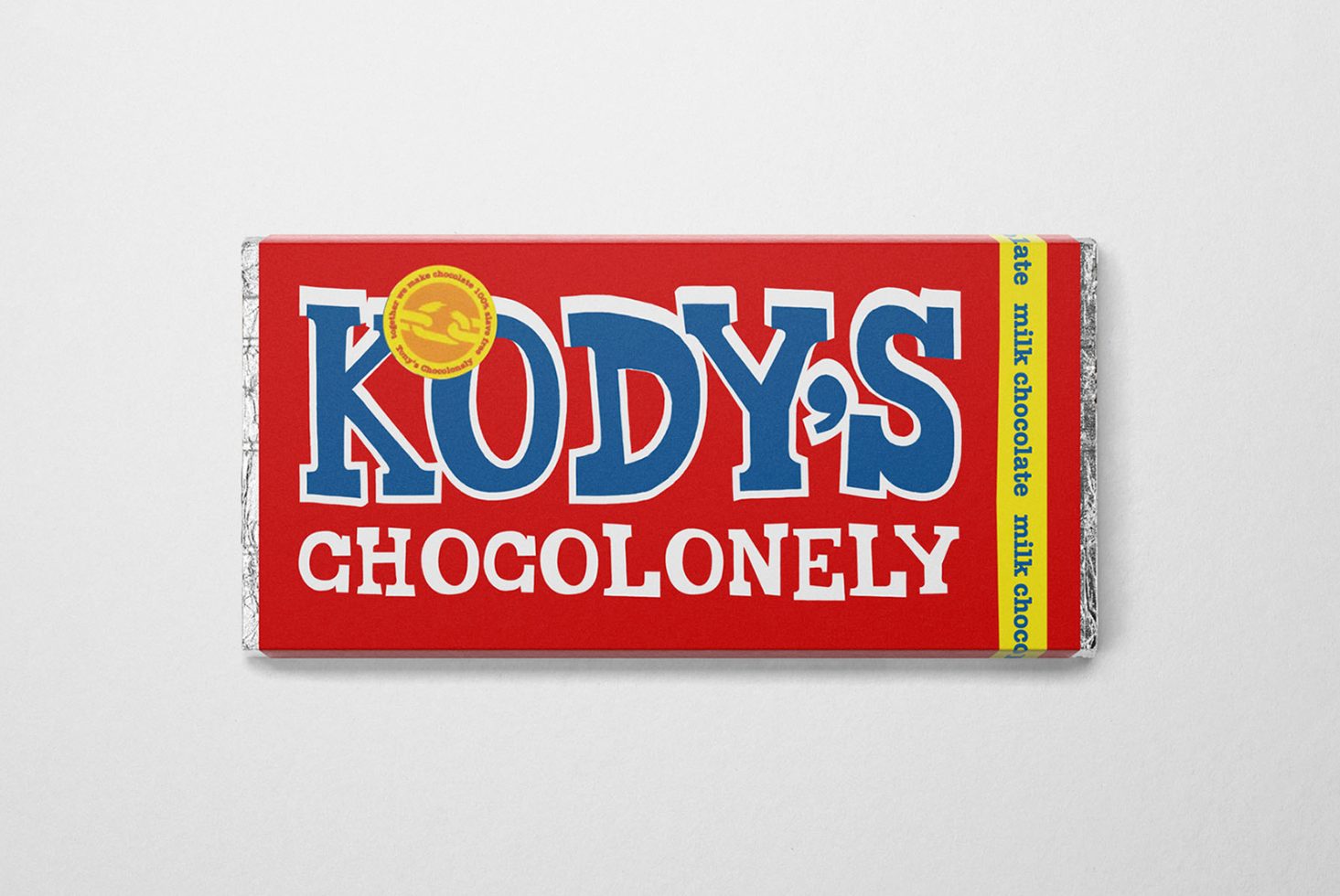 Mockup of a chocolate bar with vibrant red and blue packaging, showcasing bold typography and a quality seal, on a plain background.