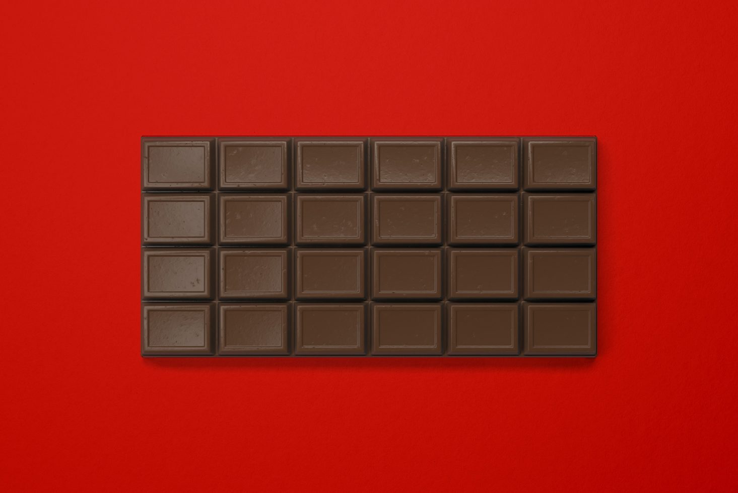 Chocolate bar mockup on red background, ideal for packaging design, clean and minimalistic graphic asset for creative projects.