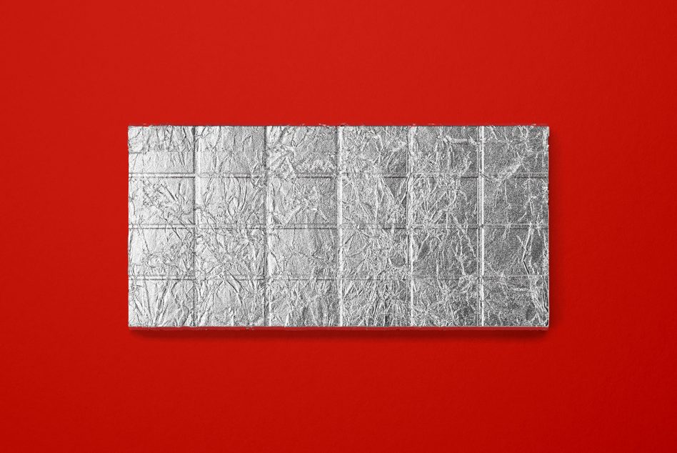 Silver textured tile mockup on red background, high-resolution design asset for graphic designers.