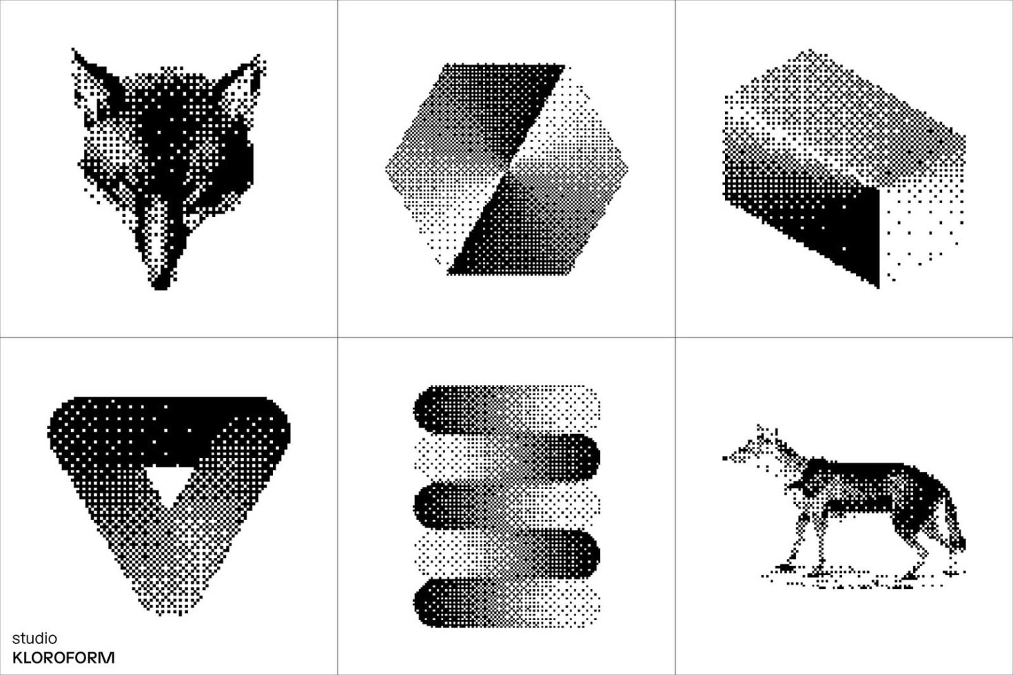 Black and white halftone graphics set including geometric shapes and animal illustrations, ideal for modern design projects and templates.