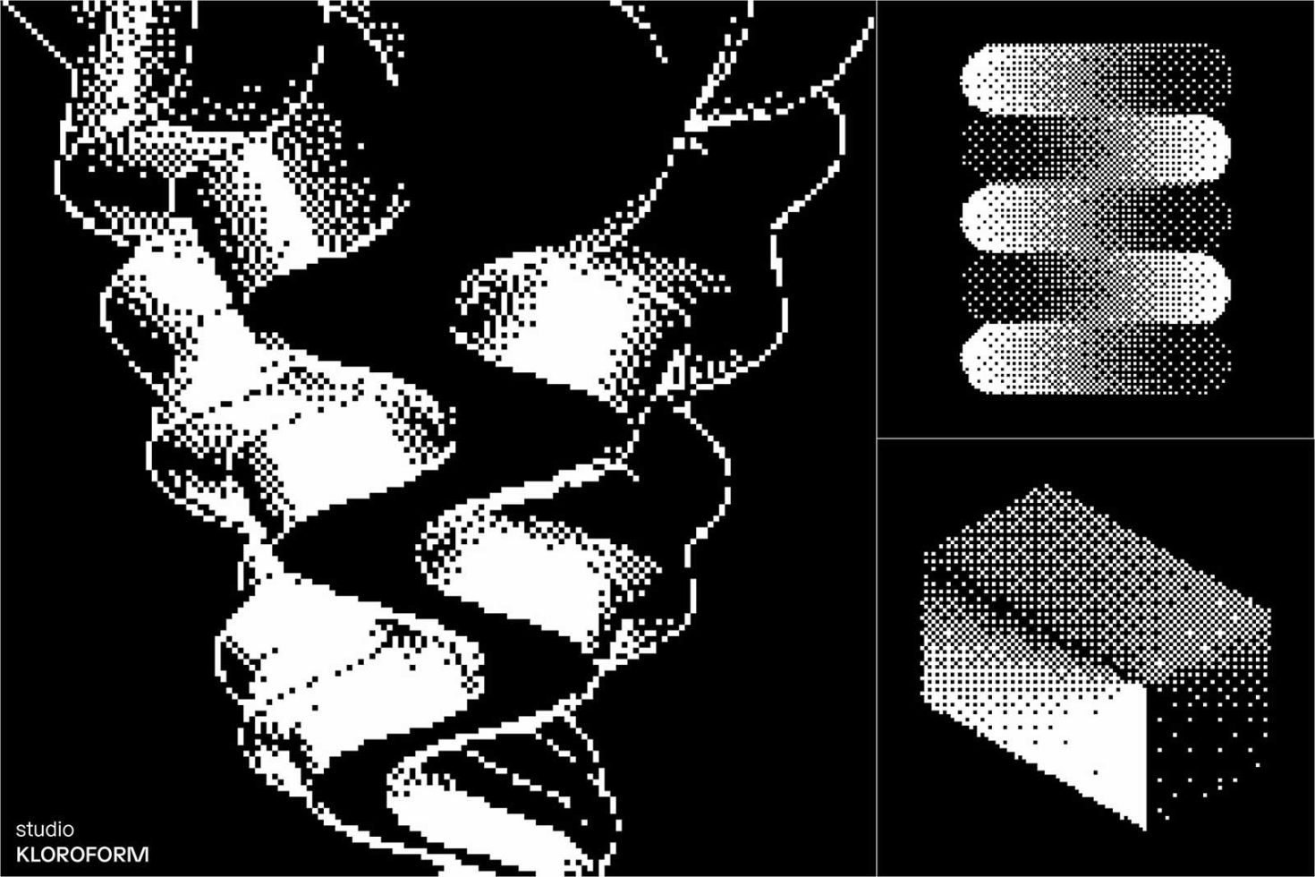 Monochrome halftone pattern samples for graphic design, digital dot gradient textures in black and white, ideal for posters and backgrounds.