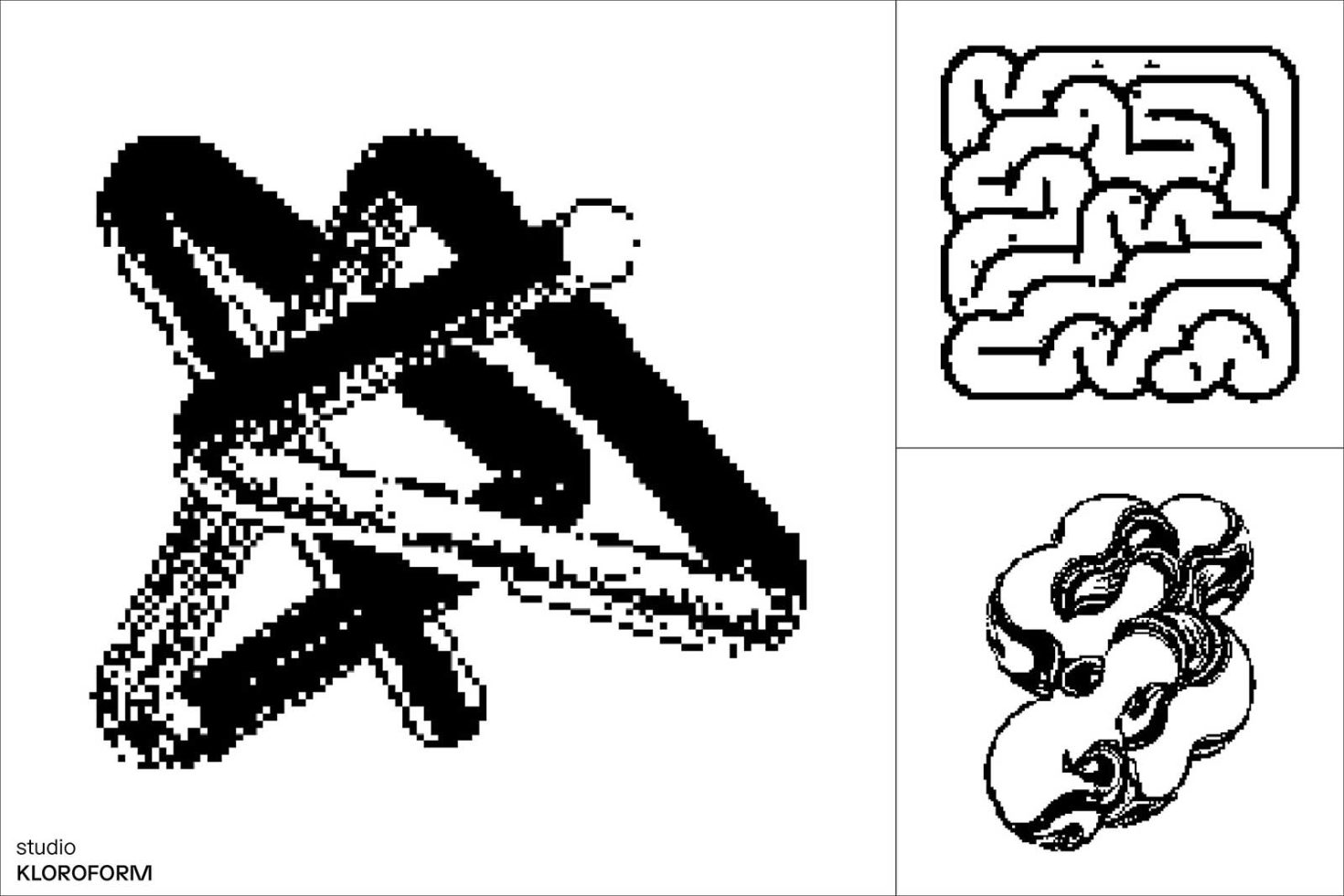 Pixel art abstract shapes and maze designs in black and white, suitable for graphics category, ideal for creative digital design backgrounds.