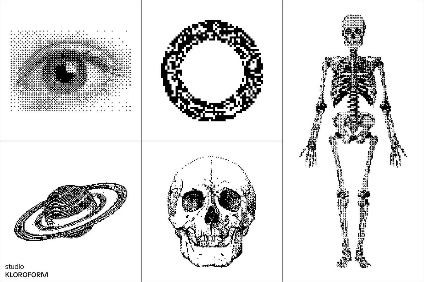 Pixel art graphics set with human eye, abstract circle, skeleton, planet Saturn, and skull ideal for retro game design, digital assets, downloadable content.