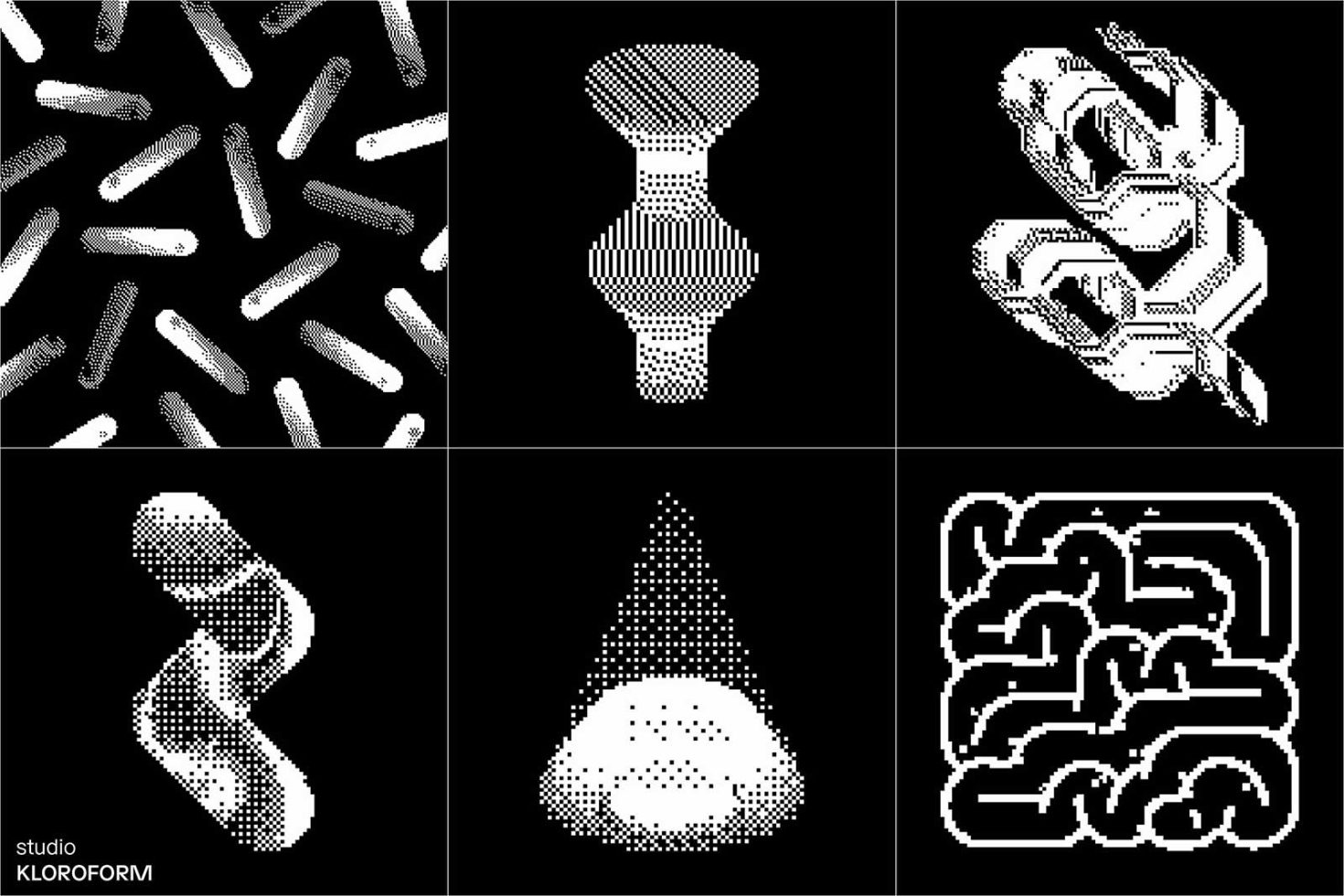 Alt: Halftone graphic design set in monochrome featuring abstract dots patterns on six unique illustrations, ideal for templates and backgrounds.