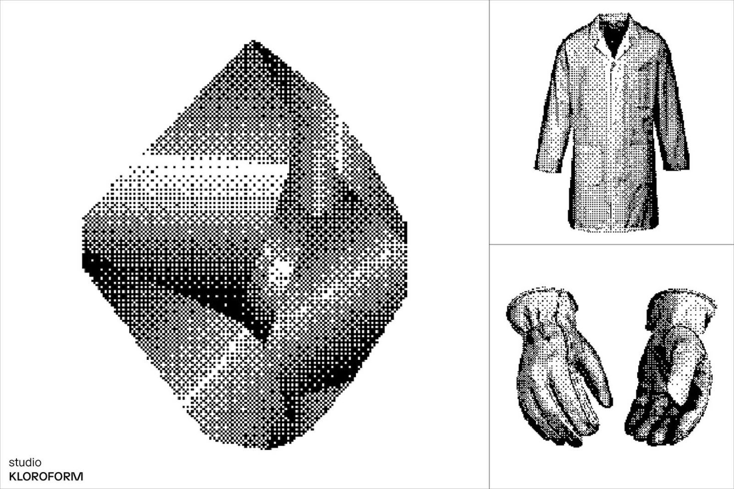 Vector halftone graphics of a crystal, overcoat, and gloves suitable for creating mockups and design templates.