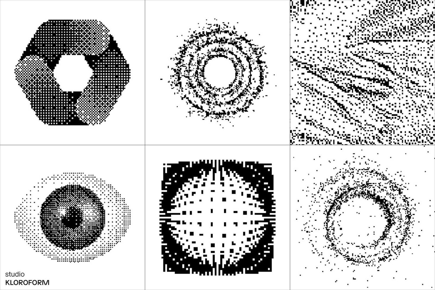 Collection of six abstract halftone vector graphics for design assets on marketplace, including circular and distorted dot patterns.