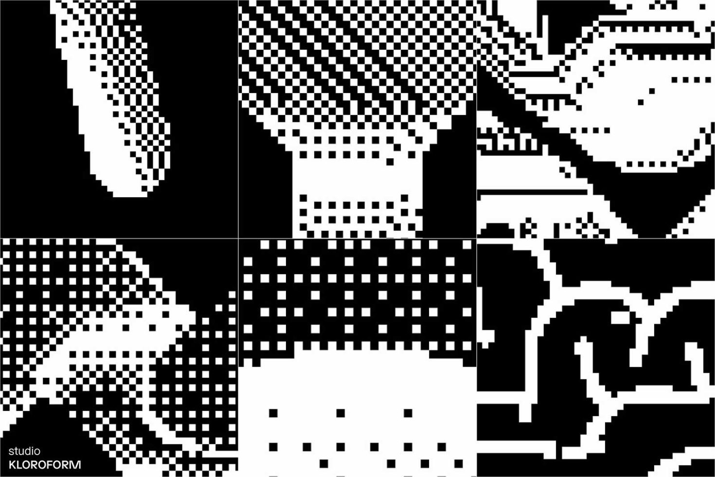 Black and white pixelated digital graphics set for designers, comprising abstract shapes suitable for mockups, graphic design assets.