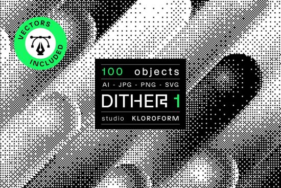 Graphic design halftone dither texture pack, 100 vector objects in AI, JPG, PNG, SVG formats by KLOROFORM studio, includes dither and noise textures.