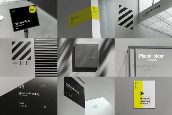 Collage of sleek black and yellow signage mockups, ideal for presenting branding in a 3D realistic setting to designers for inspiration.