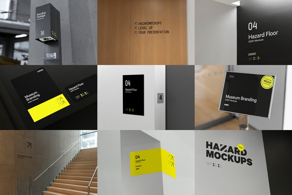 Museum Branding mockup set featuring yellow wrapping, signage on stairs, black posters, office collateral