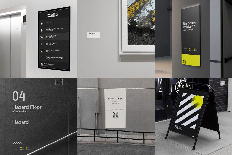 Hazard Mockups gallery with black floor signage, yellow branding elements, architectural interior displays