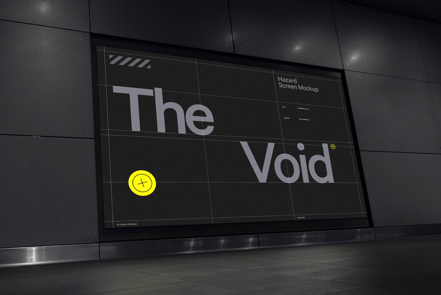 Urban billboard mockup displaying black design template with bold typography "The Void" in a sleek city environment for outdoor advertising.