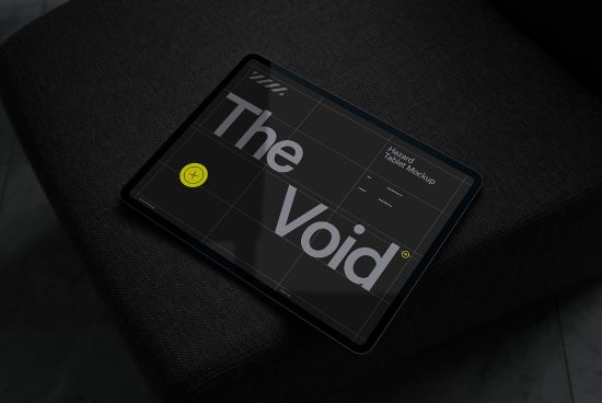 Tablet screen mockup with typographic design displaying The Void, ideal for presenting digital designs and interfaces, set against a dark fabric surface.