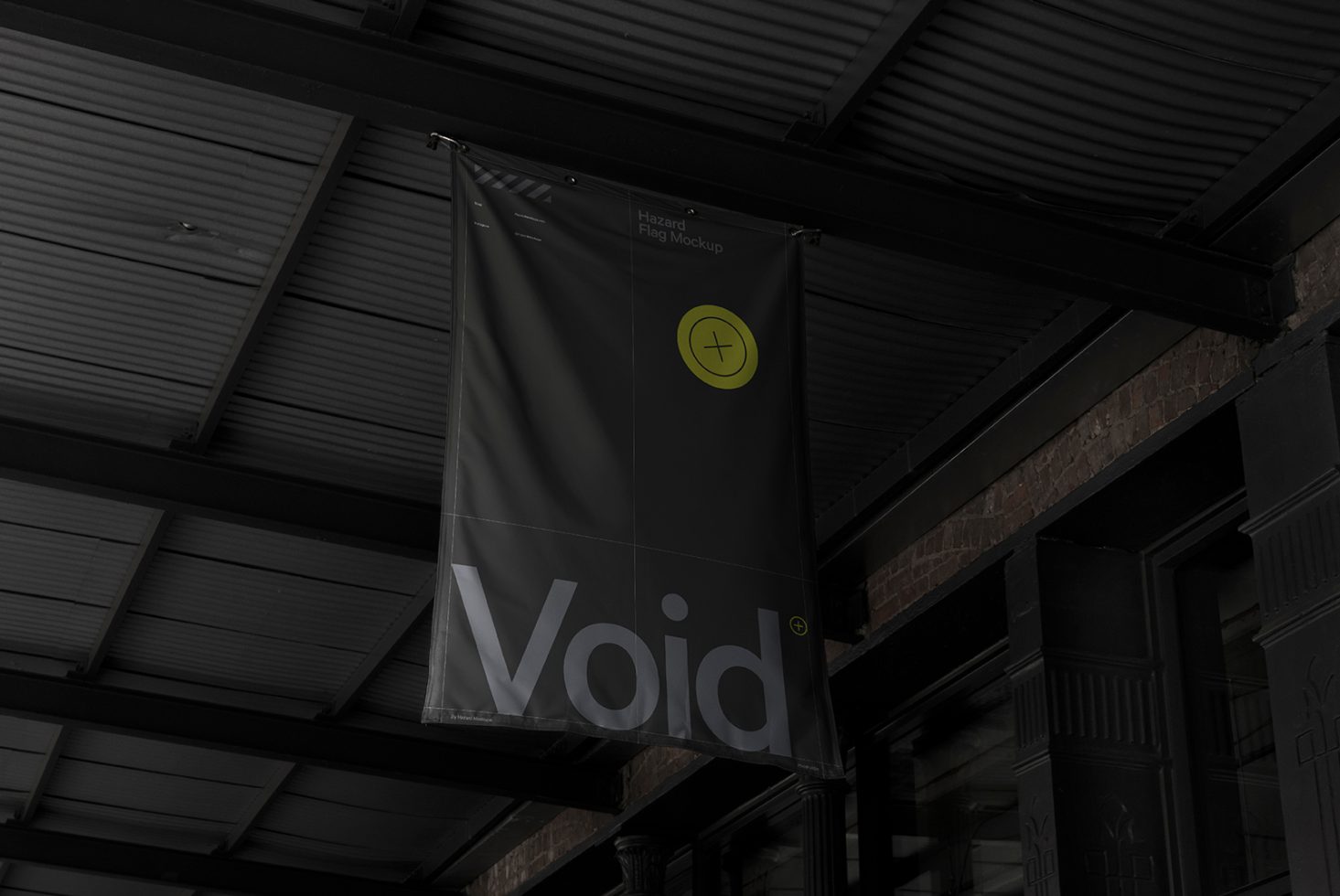 Vertical banner mockup hanging on a dark urban building, showcasing custom design text "Void" for graphic presentations.