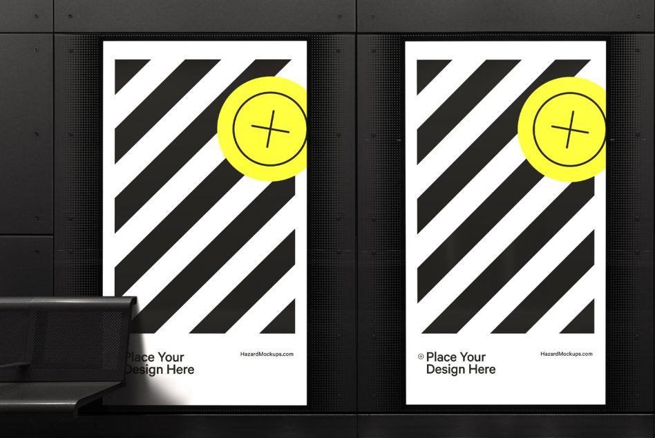 Modern poster mockup display in a dark room, showcasing diagonal stripe design with yellow accent, perfect for designers presentations.