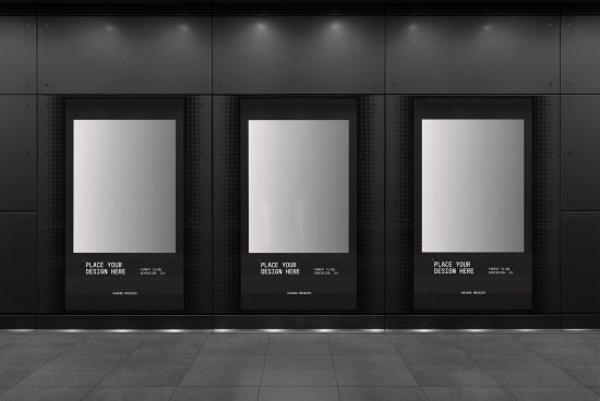 Three vertical billboard mockups in a dark modern subway station for poster design presentation, advertising space.