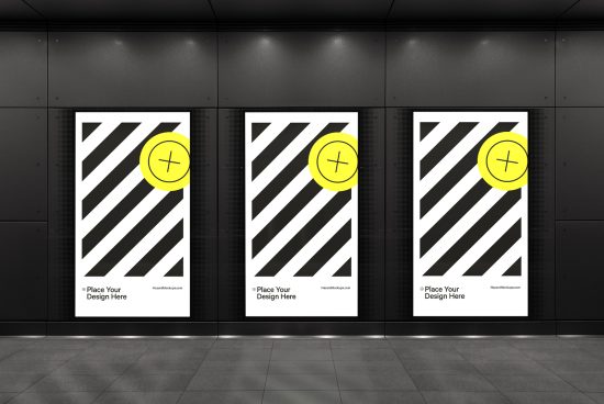 Modern billboard mockups with diagonal stripes and placeholder in a subway station setting for outdoor advertising design presentation.