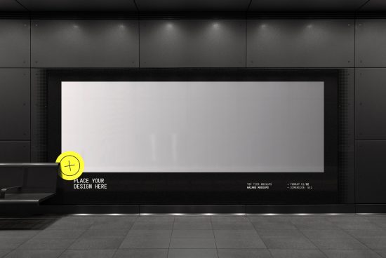 Large blank billboard mockup in a subway station, realistic advertising space design asset, suitable for posters or digital graphics display.